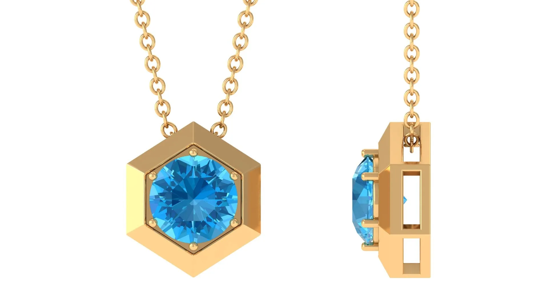 1 CT Swiss Blue Topaz Solitaire Hexagon Pendant Necklace