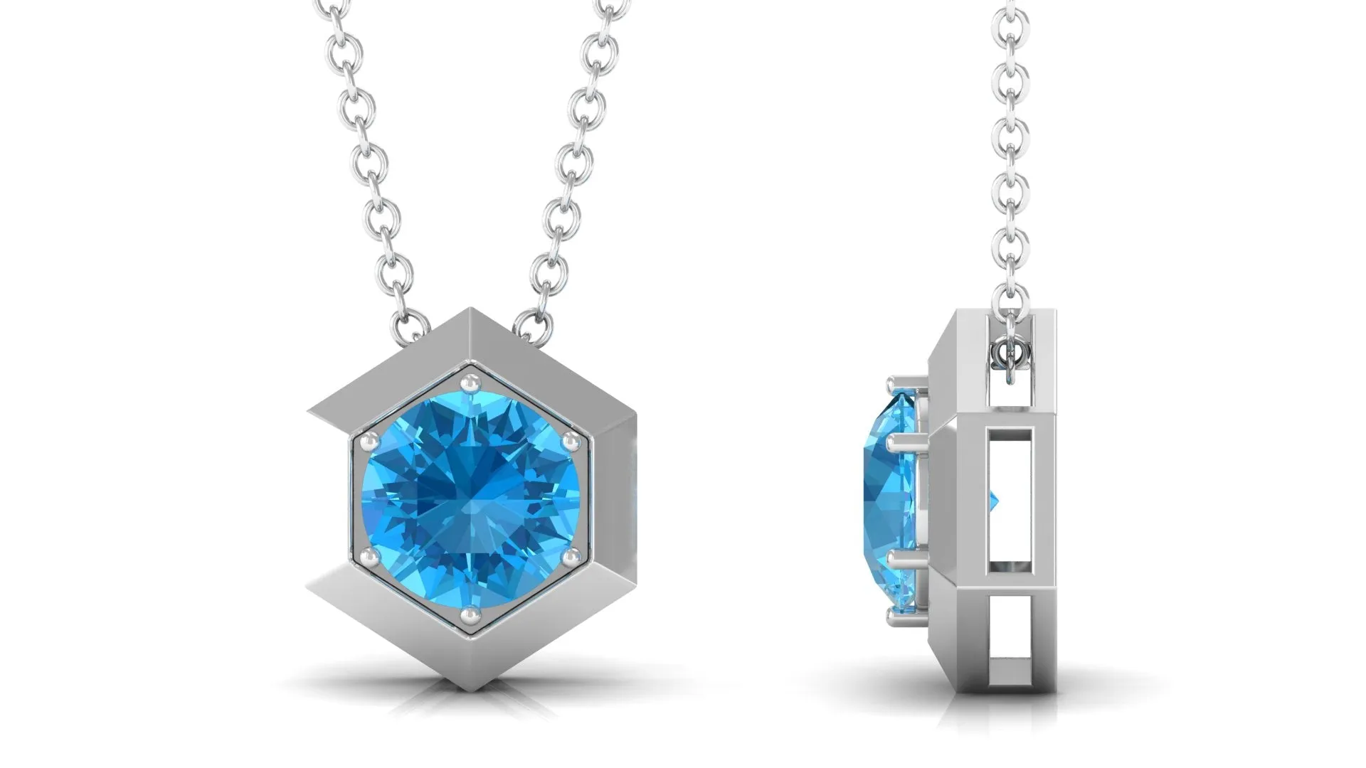 1 CT Swiss Blue Topaz Solitaire Hexagon Pendant Necklace