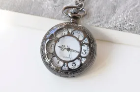 1 PC Gunmetal Black Round Pocket Watch Necklace A5310