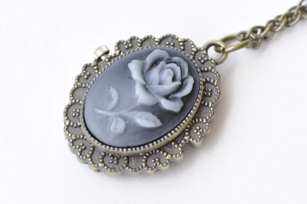 1 PC Oval Resin Lady/Flower Cameo Pocket Watch Necklace