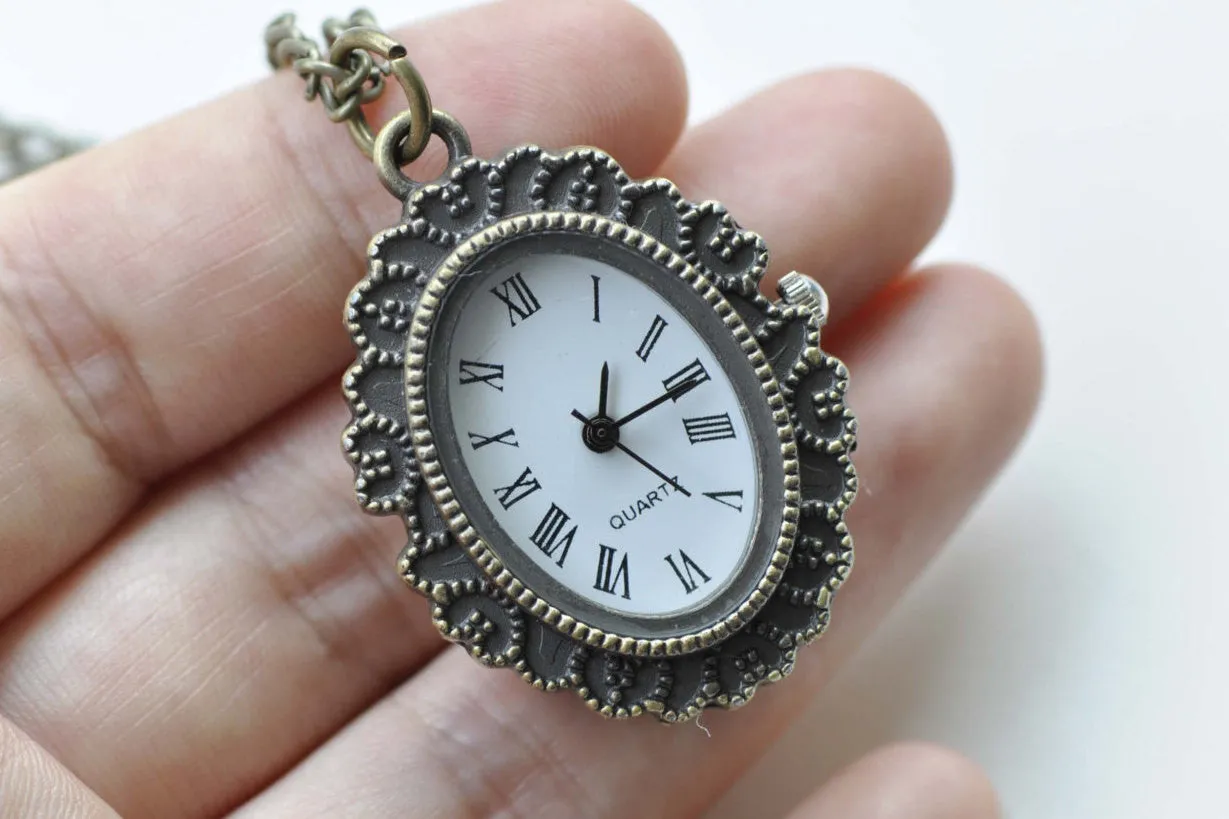 1 PC Oval Resin Lady/Flower Cameo Pocket Watch Necklace