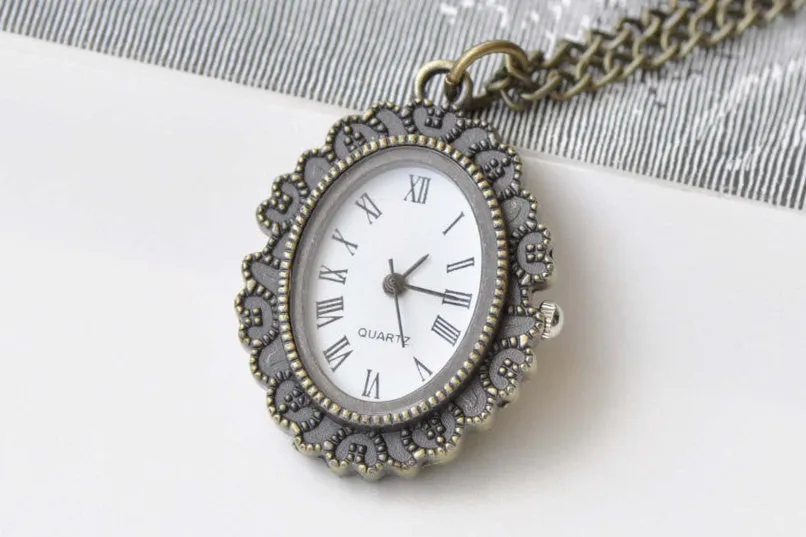 1 PC Oval Resin Lady/Flower Cameo Pocket Watch Necklace