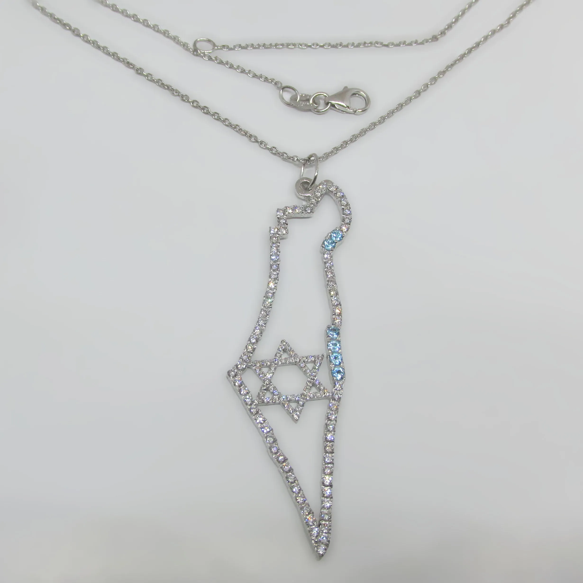14K Gold Israel Map Diamond and Blue Topaz Necklace