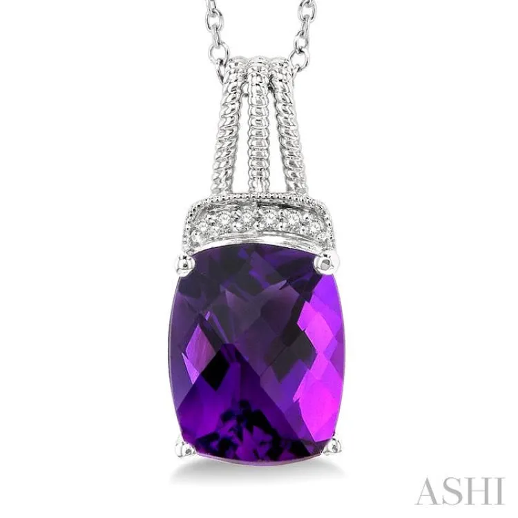 1/50 Ctw Looped Round Cut Diamond & 10x8MM Cushion Cut Amethyst Semi Precious Pendant With Chain in Sterling Silver