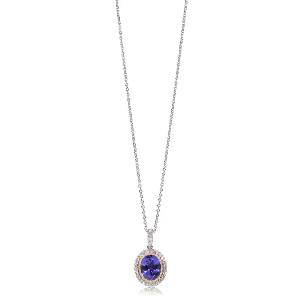 18ct White & Yellow Gold Tanzanite & Diamond Halo Pendant