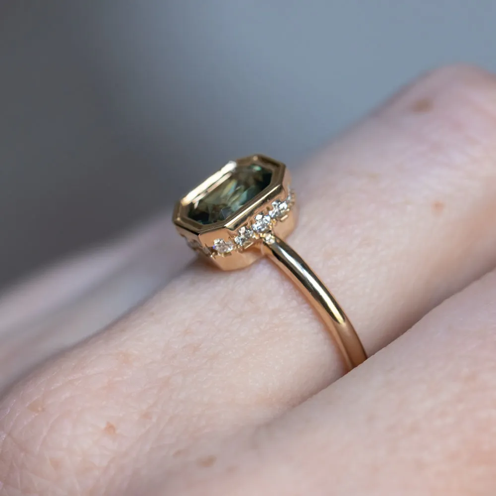 2.05ct Radiant Cut Green Sapphire Low Profile Bezel Hidden Diamond Halo Solitaire Ring in 14k Yellow Gold