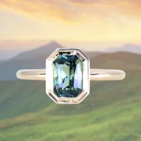 2.05ct Radiant Cut Green Sapphire Low Profile Bezel Hidden Diamond Halo Solitaire Ring in 14k Yellow Gold