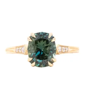 3.05ct Fancy Cushion Color-Shifting Sapphire Double Prong Vintage Cathedral Ring in 14k Yellow Gold