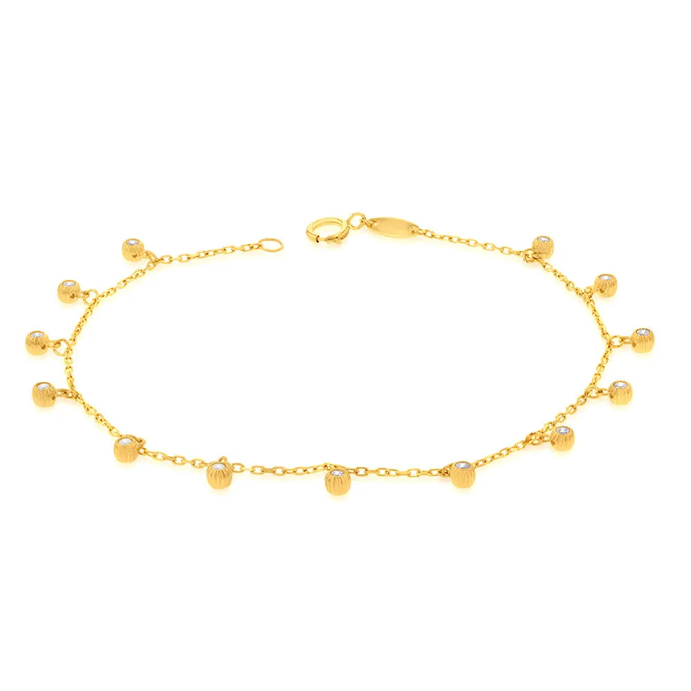 9ct Yellow Gold Hanging Cubic Zirconia Charm 17.8cm Bracelet