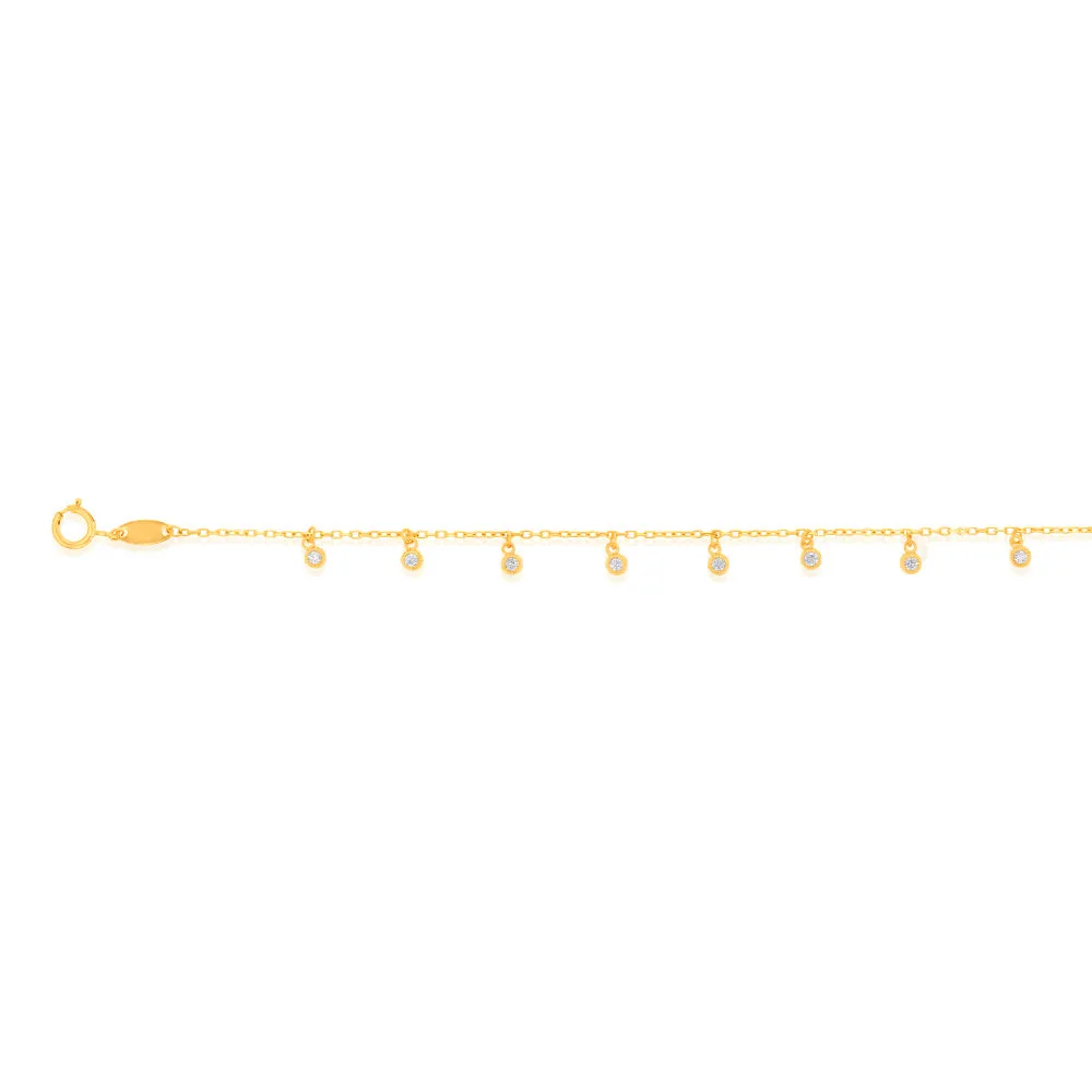 9ct Yellow Gold Hanging Cubic Zirconia Charm 17.8cm Bracelet