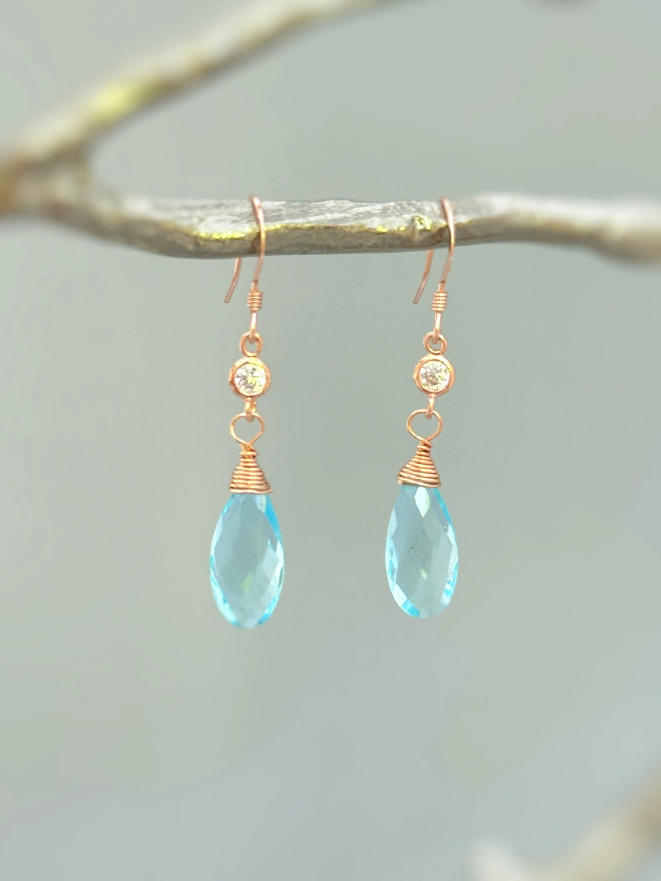 Aquamarine and Crystal Earrings dangle, Rose Gold, Gold, Silver