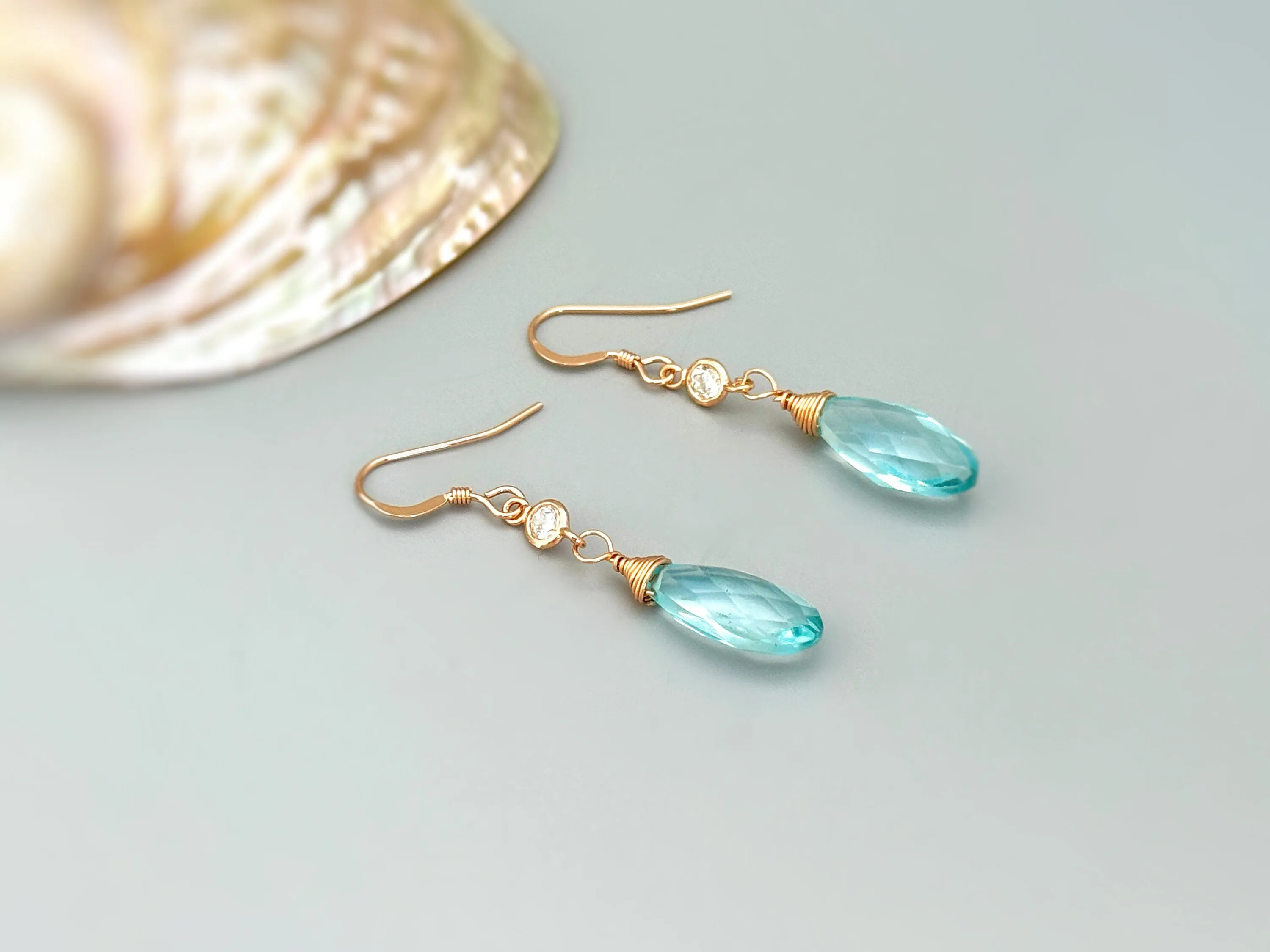 Aquamarine and Crystal Earrings dangle, Rose Gold, Gold, Silver