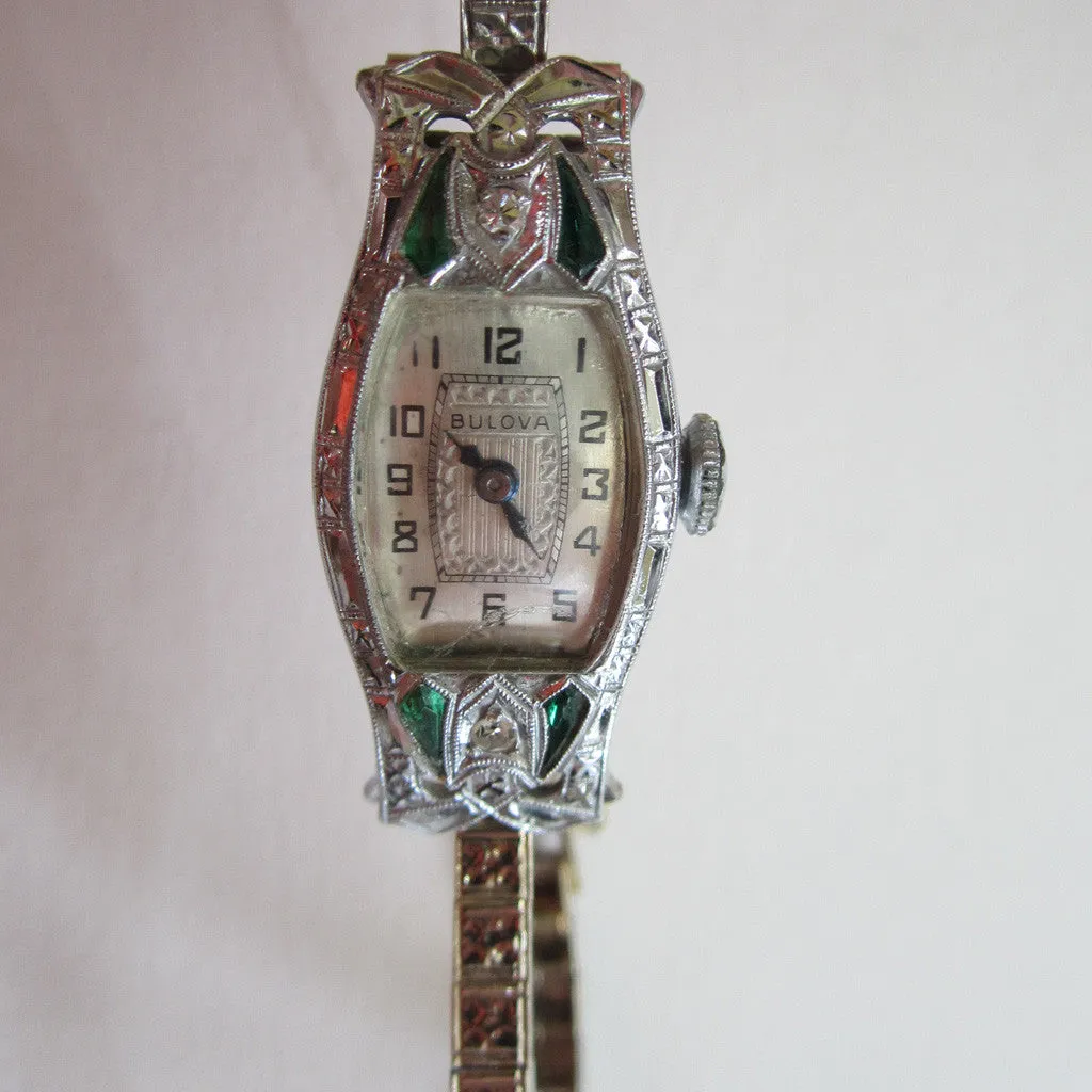 Art Deco Bulova 14K White Gold Diamond and Emerald Watch