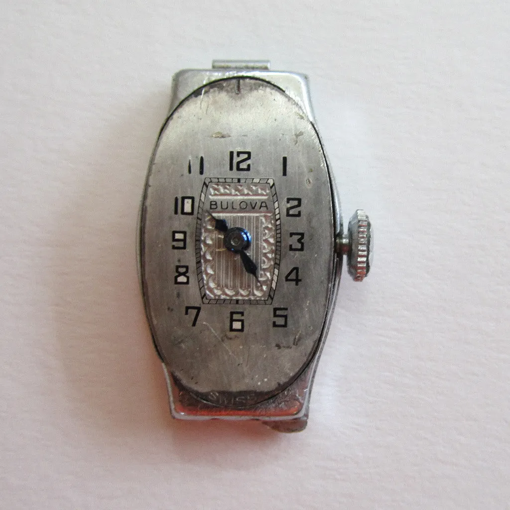 Art Deco Bulova 14K White Gold Diamond and Emerald Watch