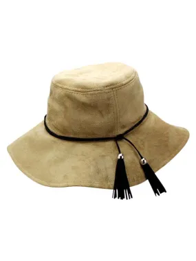 Beige Faux Suede Bucket Hat With Tassel Hat Band