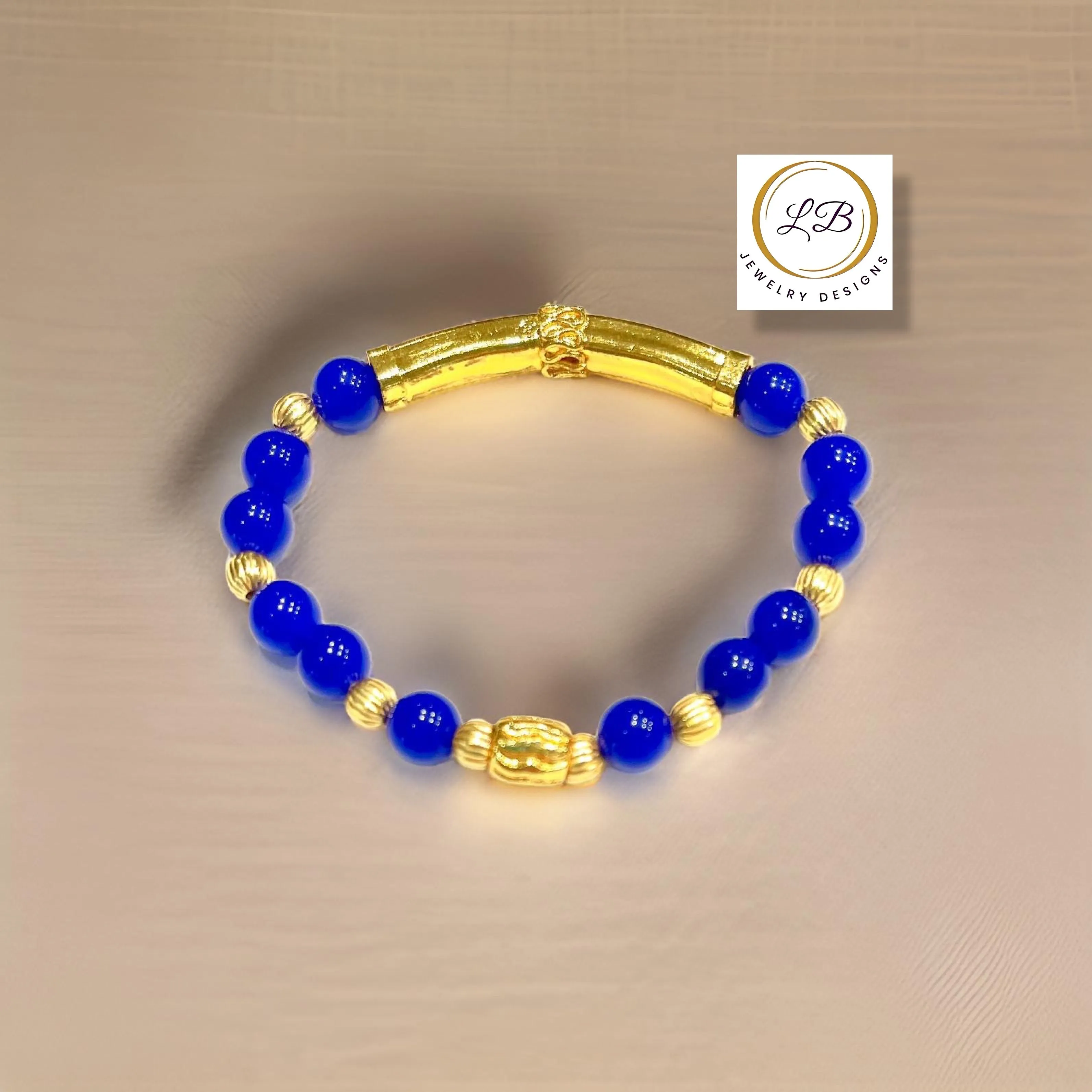 Blue Chalcedony Gemstone Gold Bali Tube Beaded Bracelet