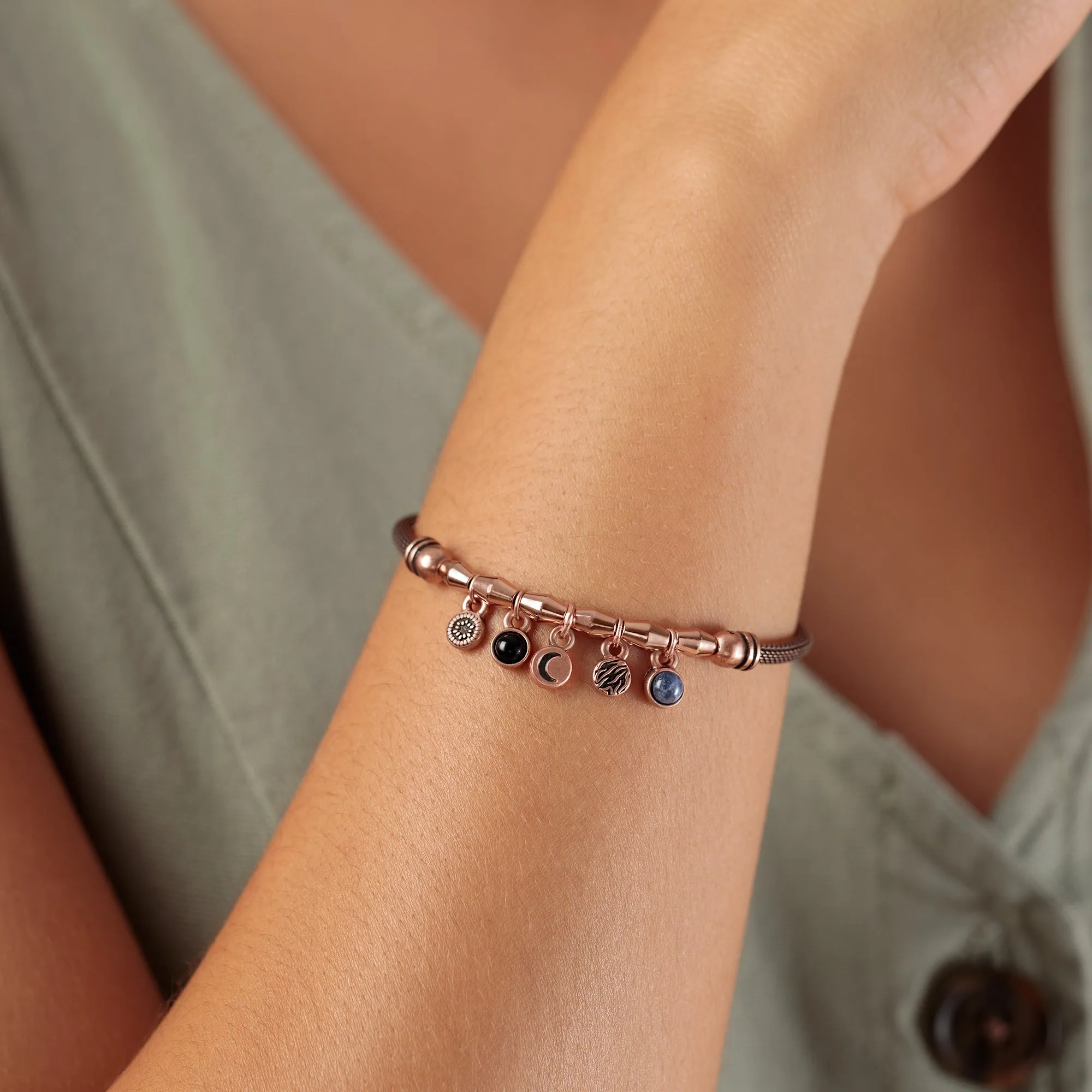 Crescent Moon   Gemstone Multi-Charm Mesh Cuff Bracelet