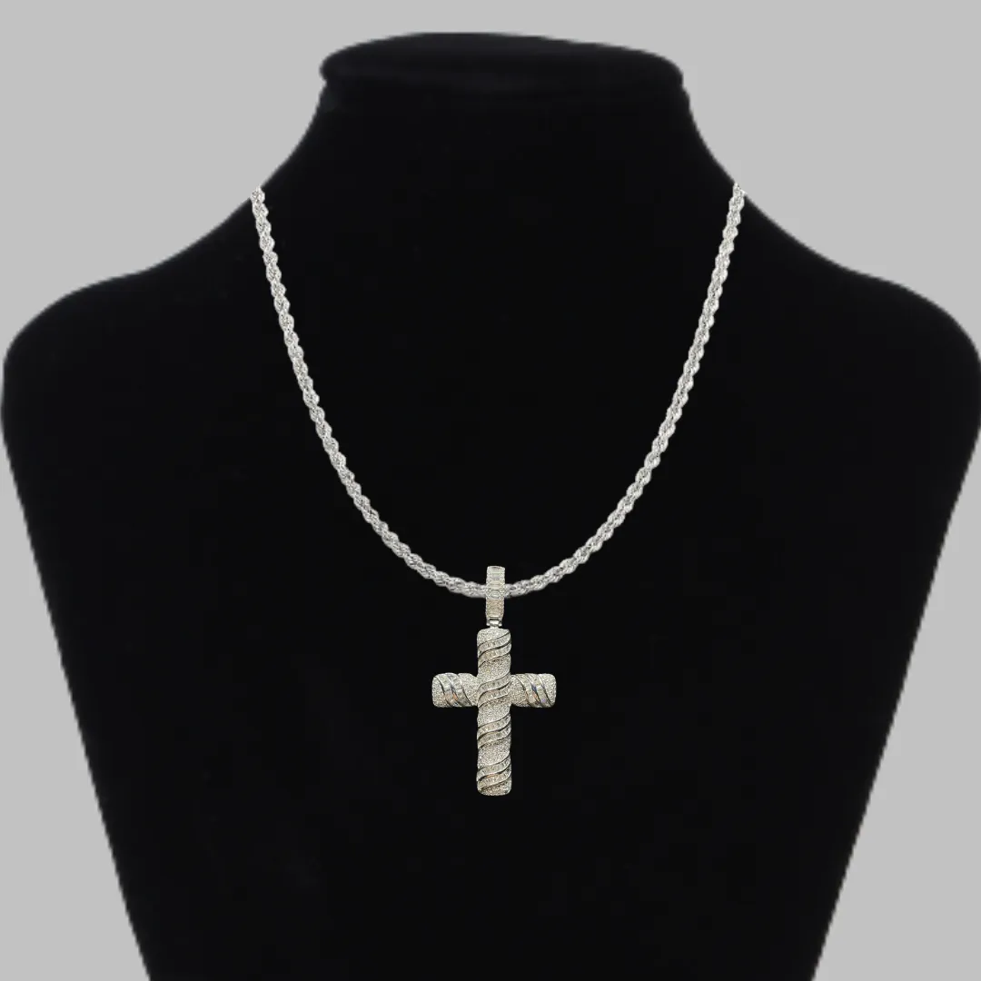 Cross Baguette Steel Edition Iced Out Diamond Pendant Necklace