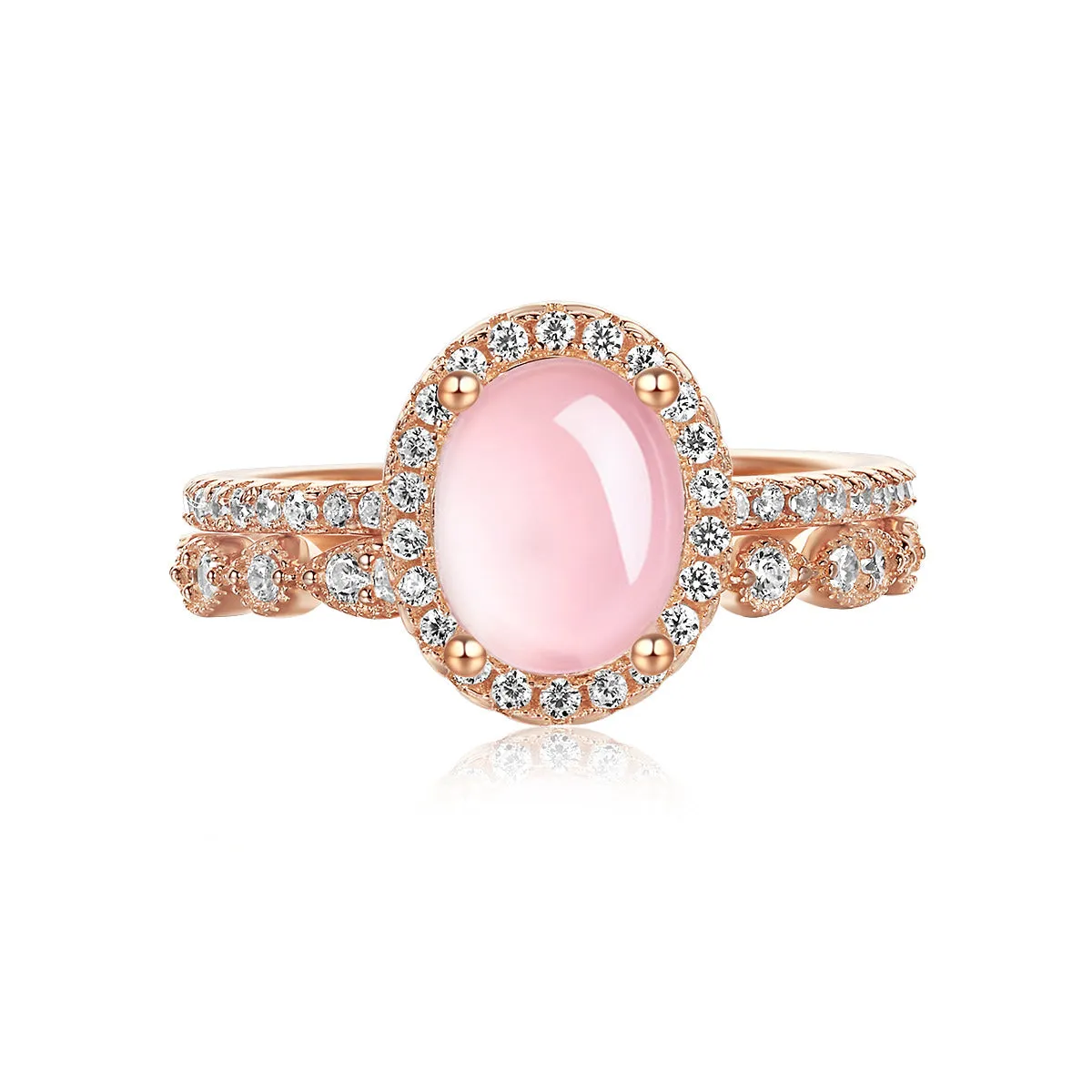 Endear Natural Rose Quartz Halo Oval-Cut Sterling Silver Two-Piece Stackable Ring Set in Rose Gold