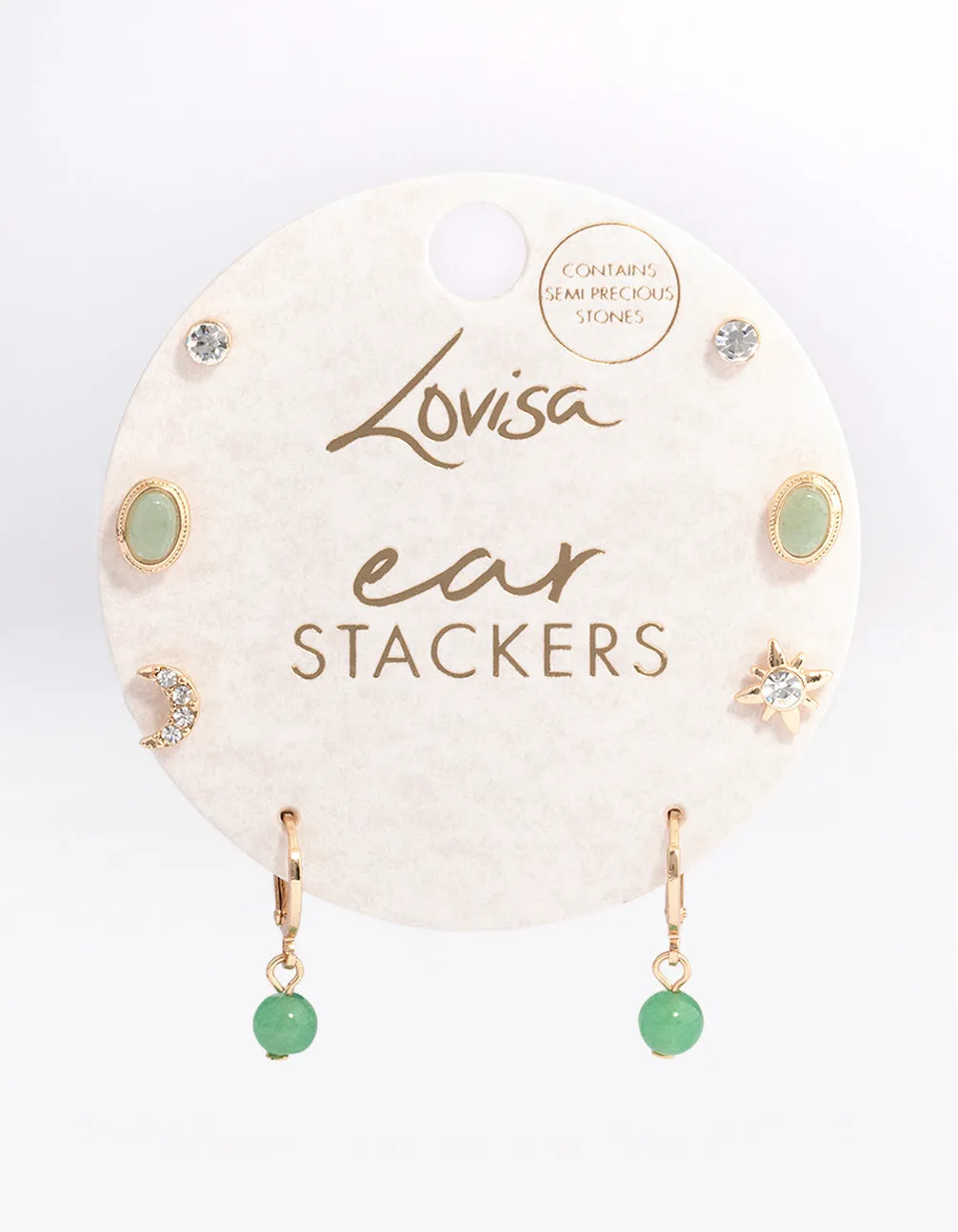 Gold Green Aventurine Diamante Celestial Stacker Earrings
