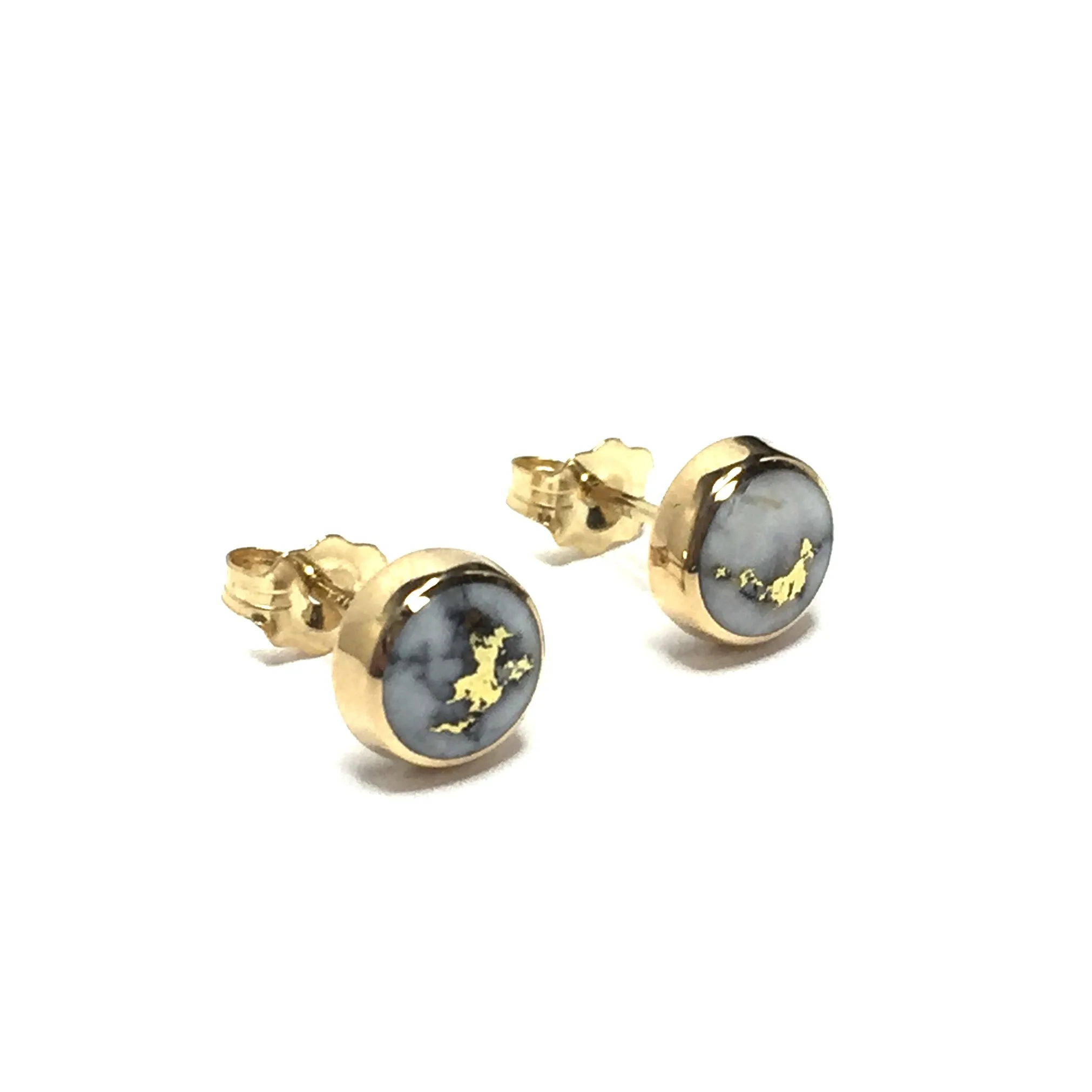 Gold Quartz Earrings 6mm Round Inlaid Studs