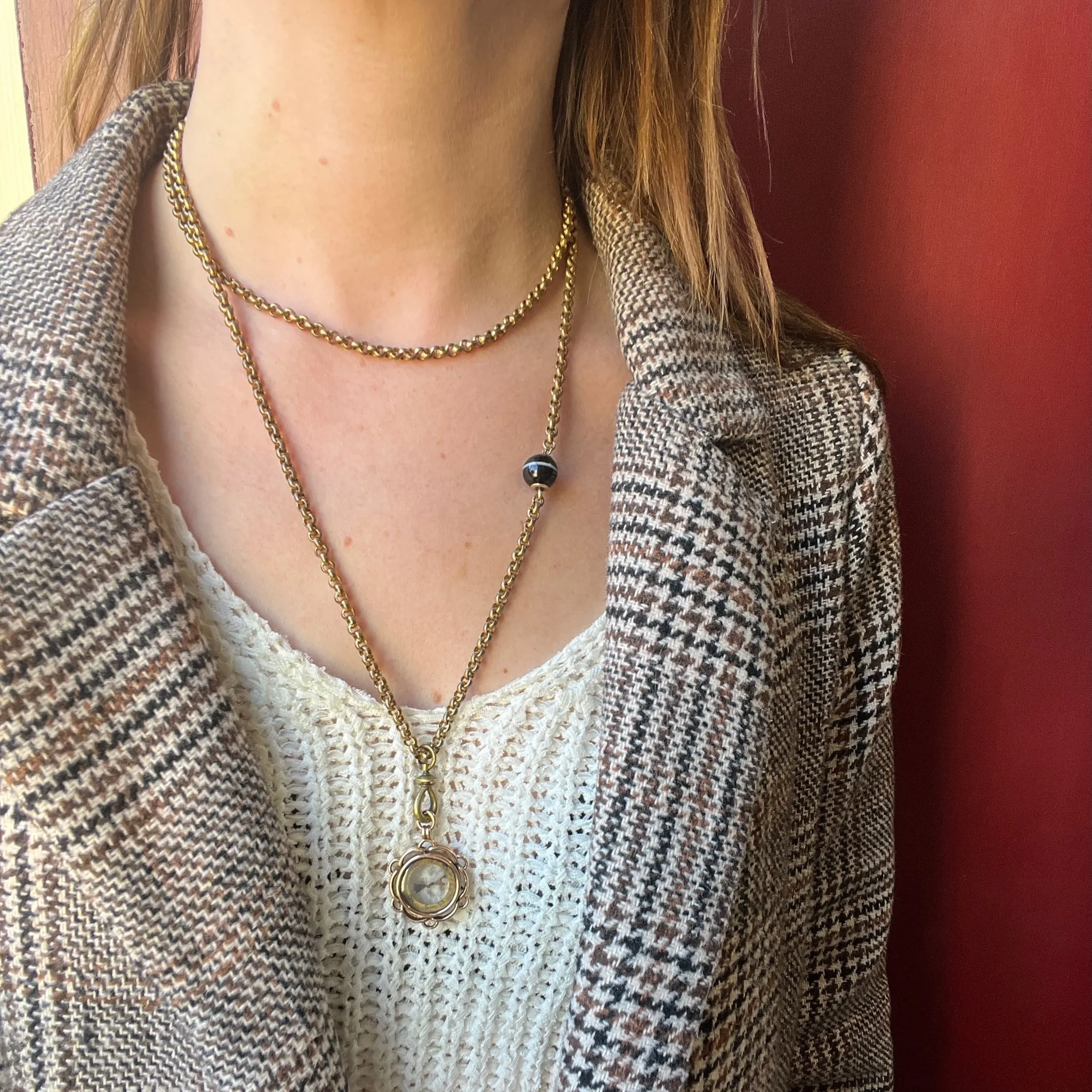 Gorgeous Pinchbeck Chain with Agate Clasp & Watch Hook