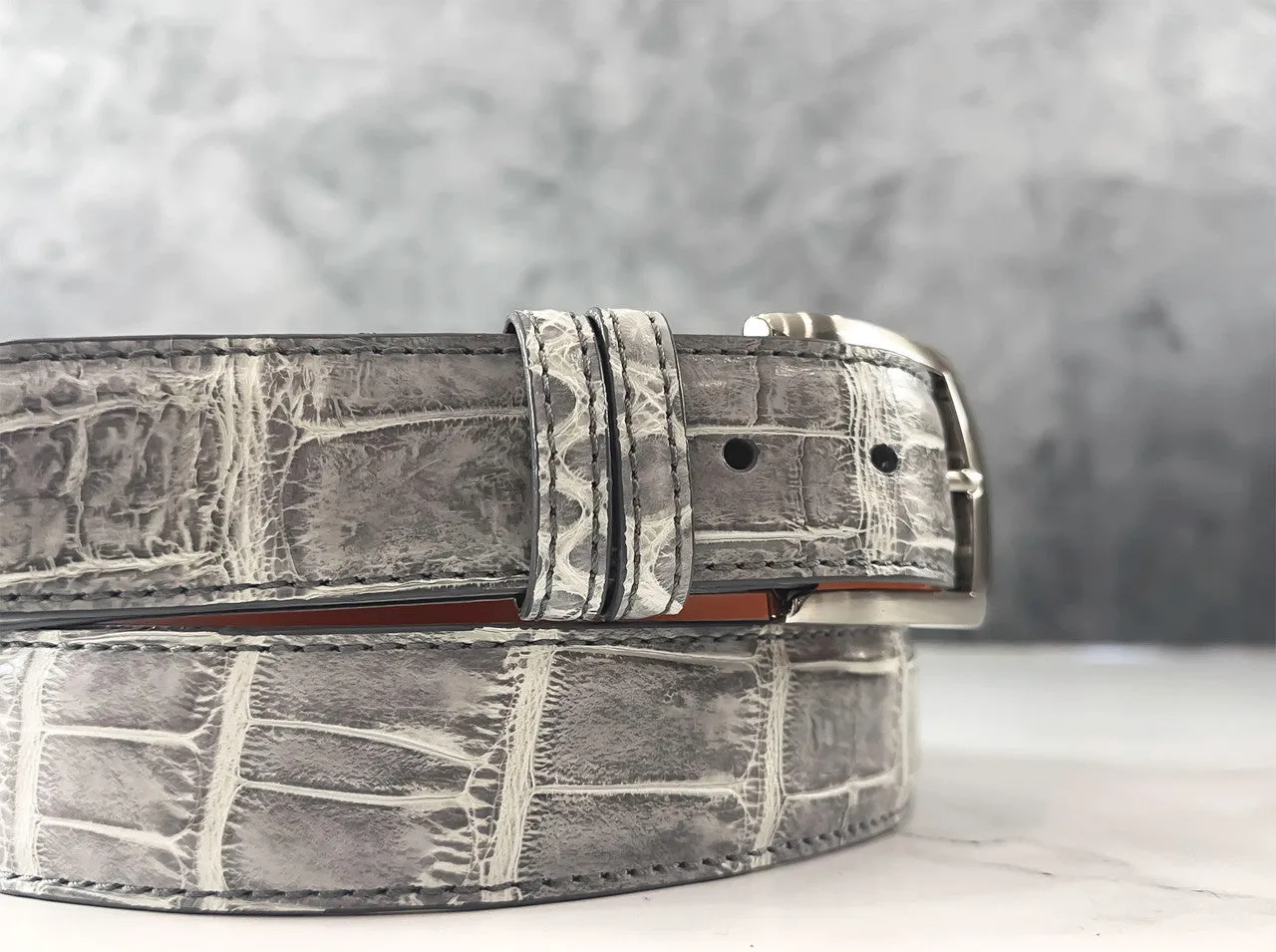 Hand-painted American Alligator Belt: Grey and White (The DJ)