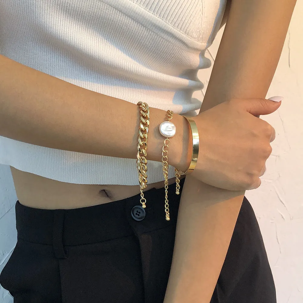 Hip Hop Style,  Simple And Fashionable Pearl Chain Bracelet Set