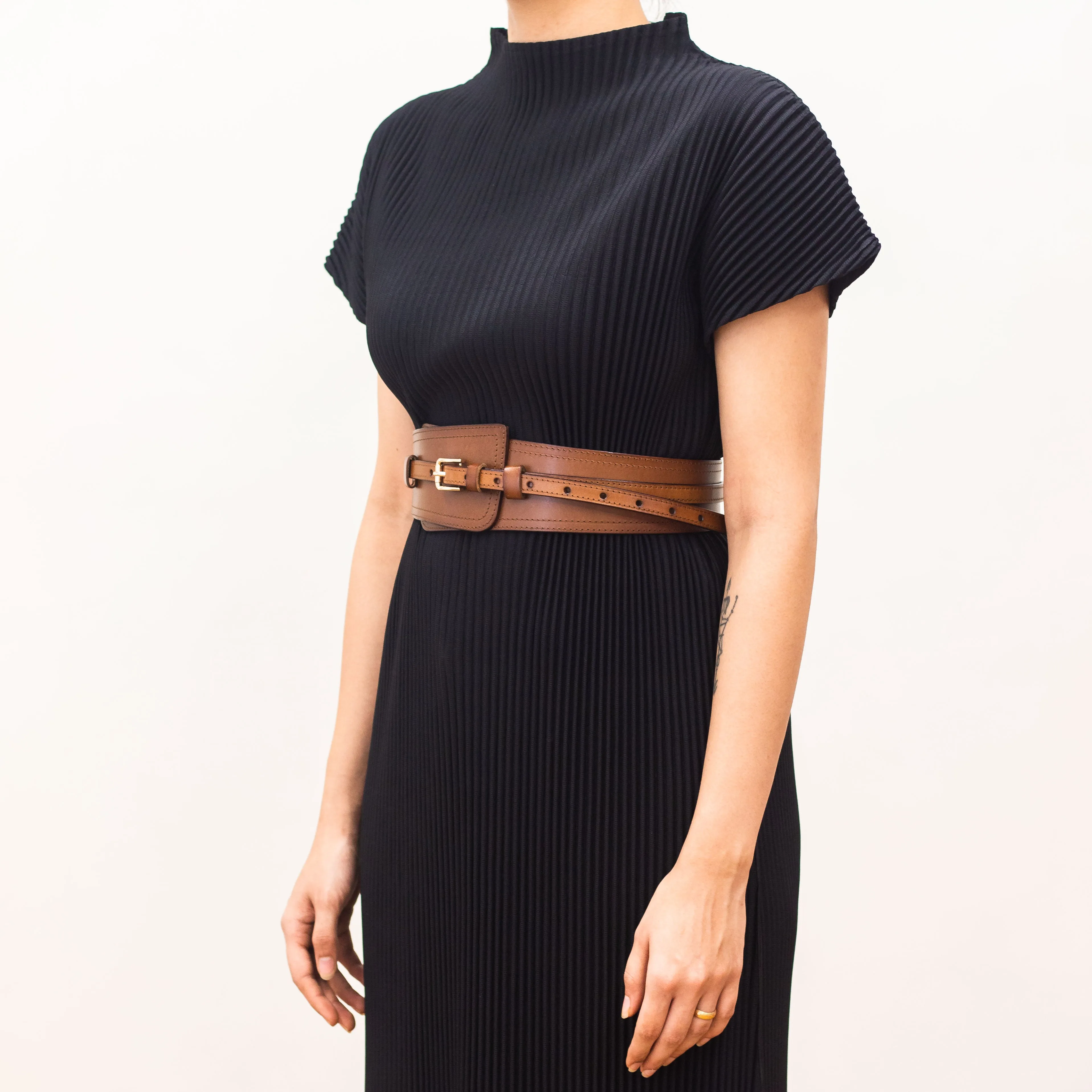 Leather Single Buckle Belt - Tan - 8 cm wide