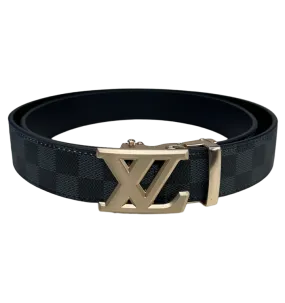 Men's Black Grey Printed Genuine Leather Belt Luxury Style Gold Buckle