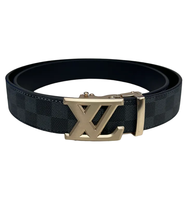 Men's Black Grey Printed Genuine Leather Belt Luxury Style Gold Buckle