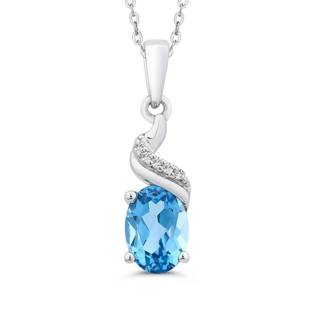 Oval Blue Topaz Swirl Pendant with Diamonds Necklace