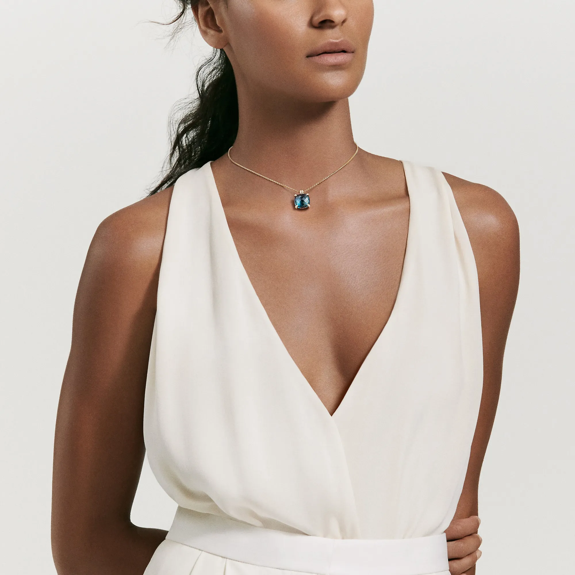 Pendant Necklace with Hampton Blue Topaz and Diamonds in 18K Gold, 18" Length
