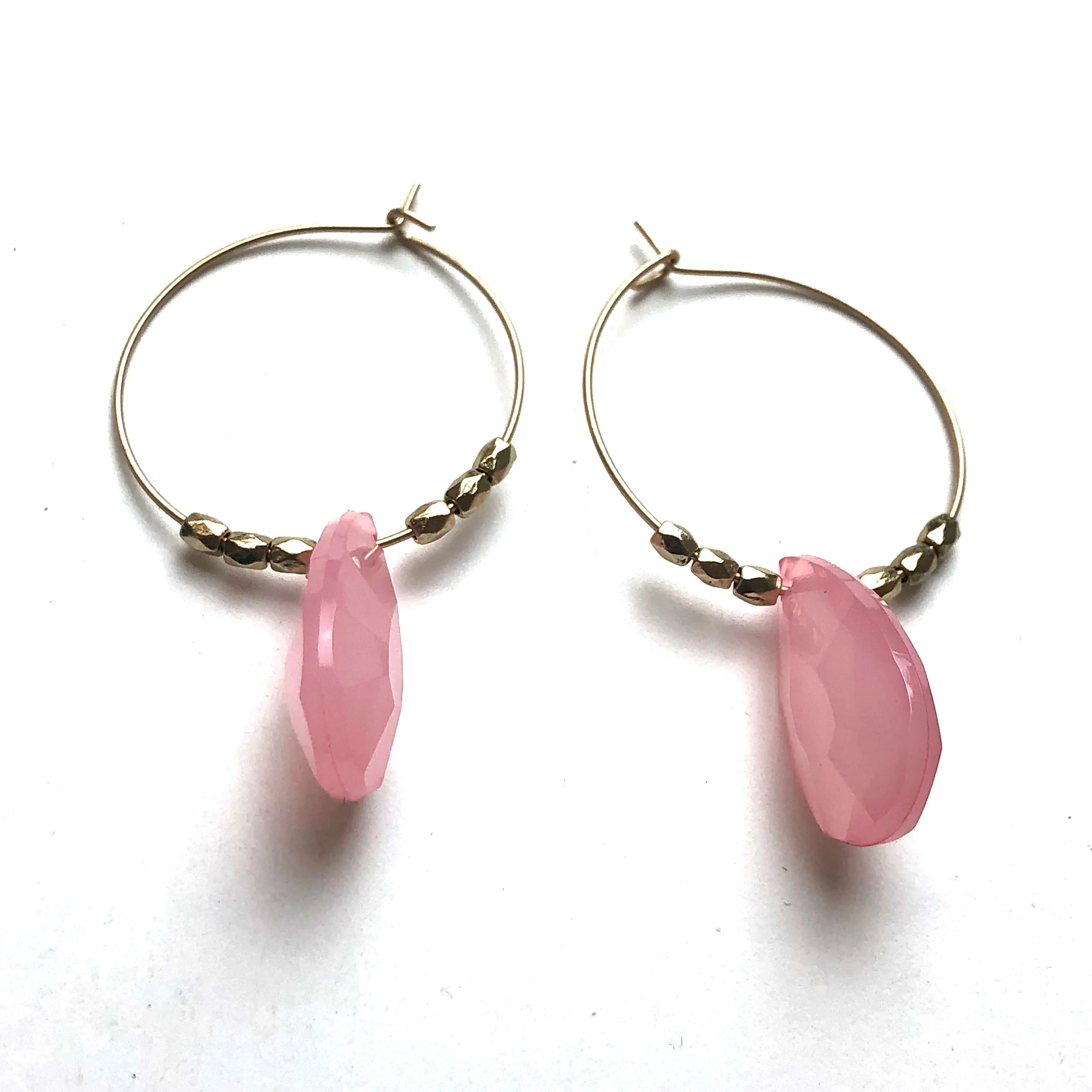 Pink Quartz Faceted Briolette on Gold Hoop Earrings *