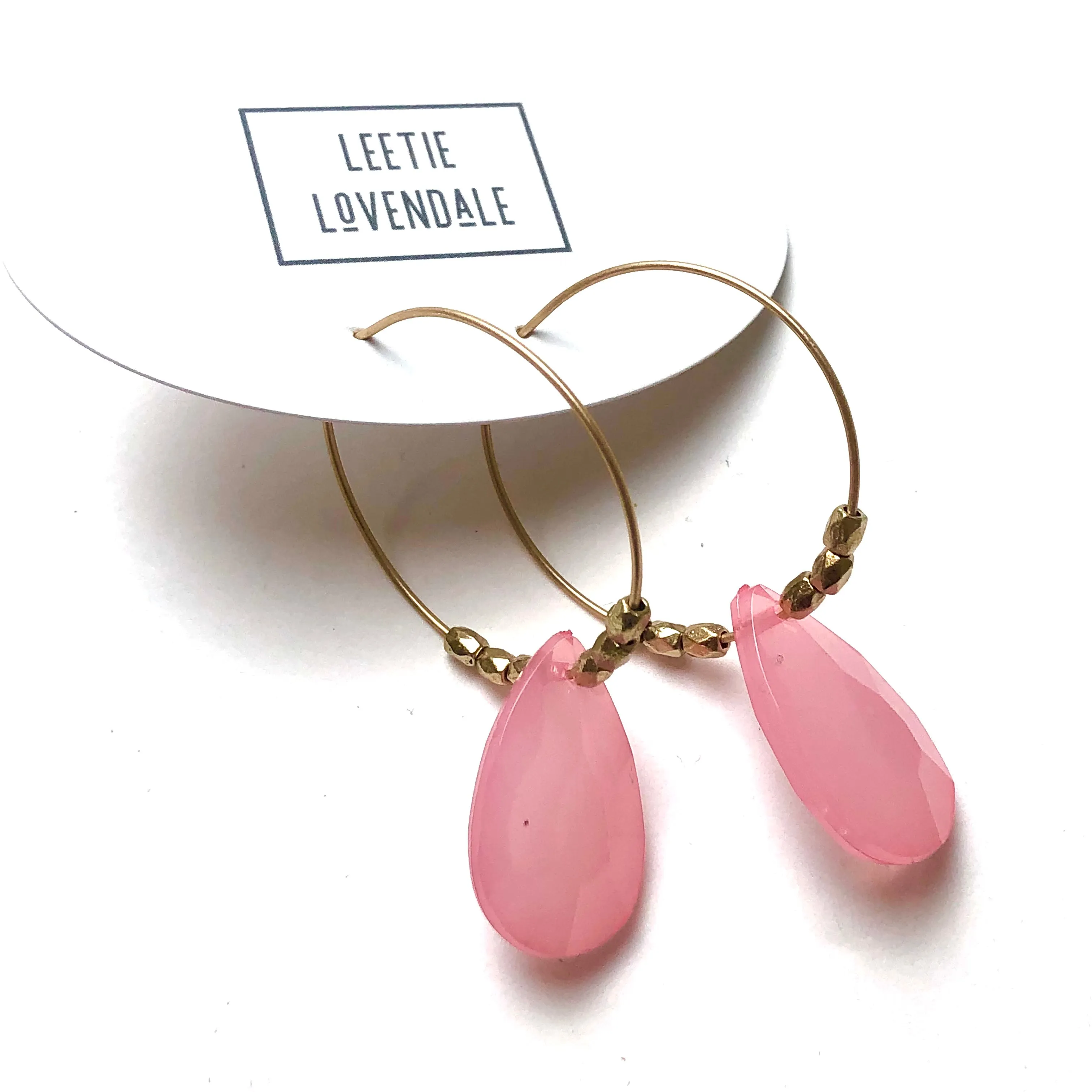 Pink Quartz Faceted Briolette on Gold Hoop Earrings *