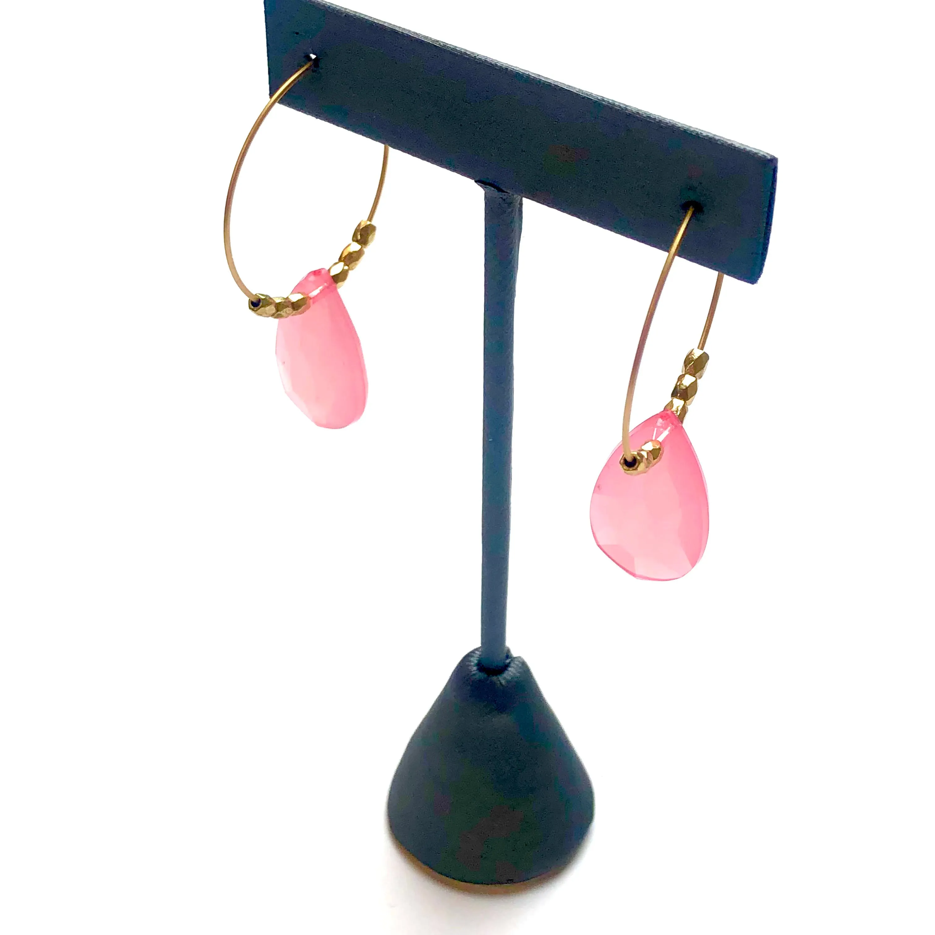 Pink Quartz Faceted Briolette on Gold Hoop Earrings *