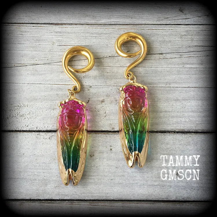 Rainbow quartz cicada gauged earrings-Insect ear weights