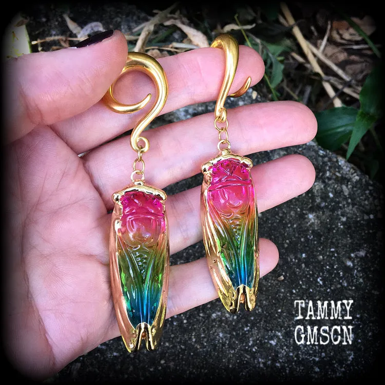 Rainbow quartz cicada gauged earrings-Insect ear weights