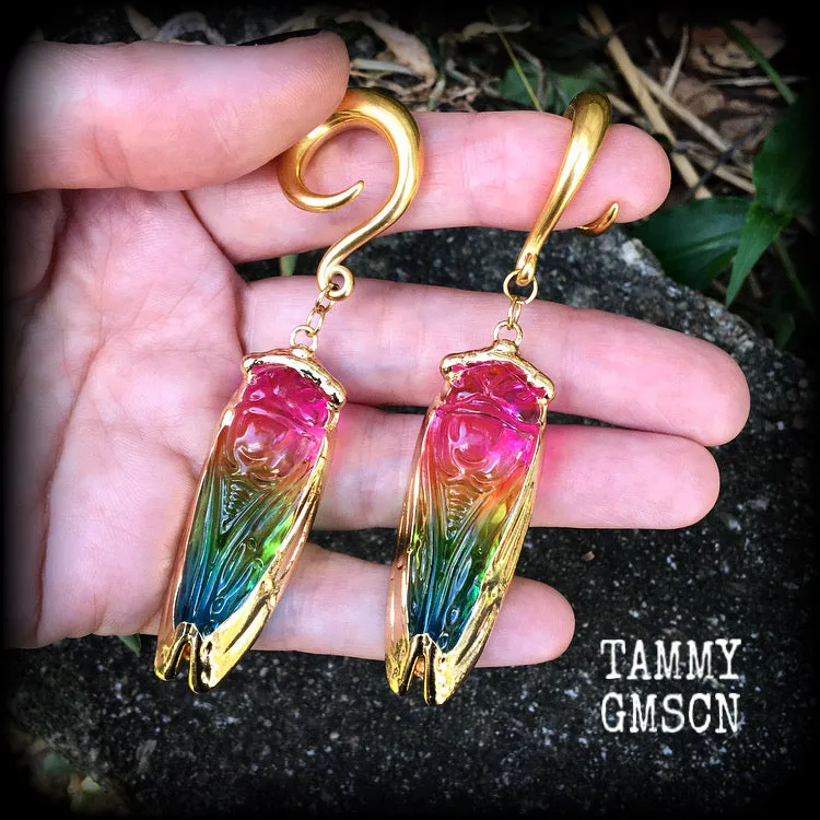 Rainbow quartz cicada gauged earrings-Insect ear weights