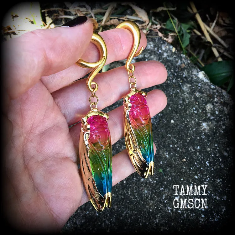 Rainbow quartz cicada gauged earrings-Insect ear weights