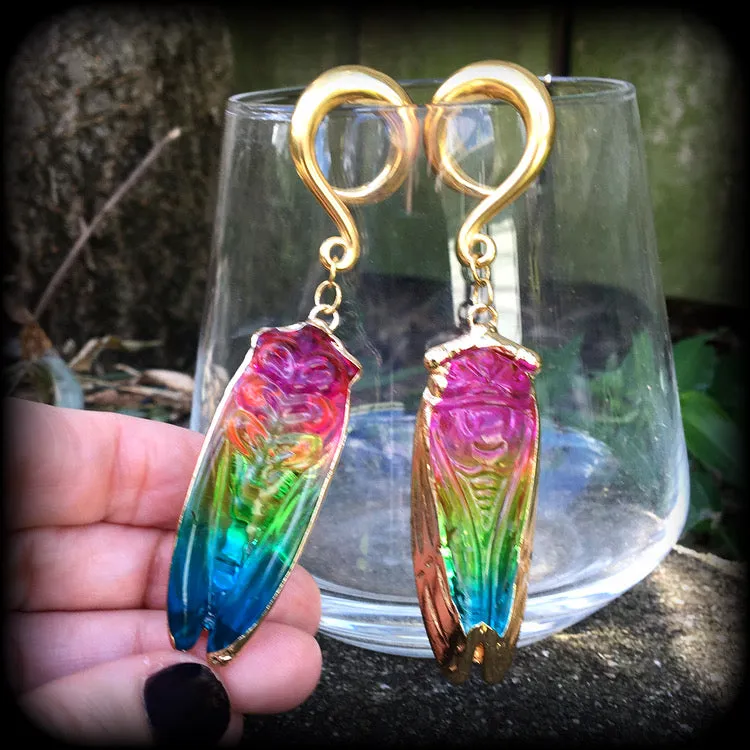 Rainbow quartz cicada gauged earrings-Insect ear weights