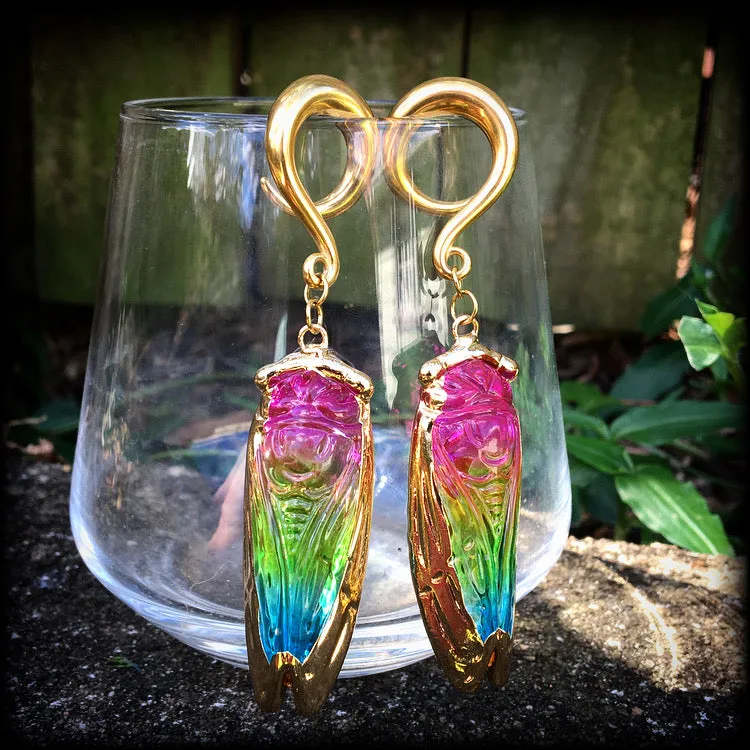 Rainbow quartz cicada gauged earrings-Insect ear weights