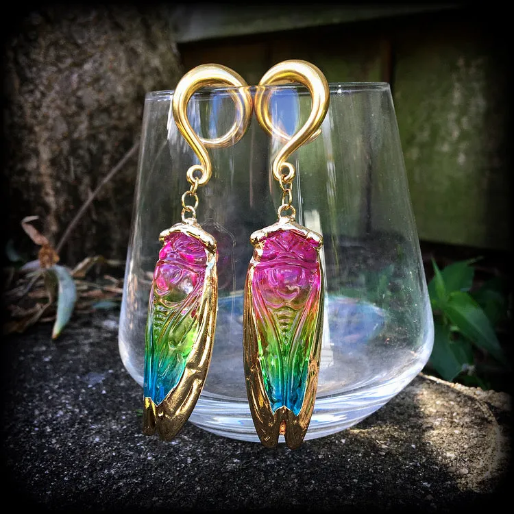 Rainbow quartz cicada gauged earrings-Insect ear weights