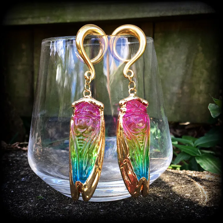 Rainbow quartz cicada gauged earrings-Insect ear weights
