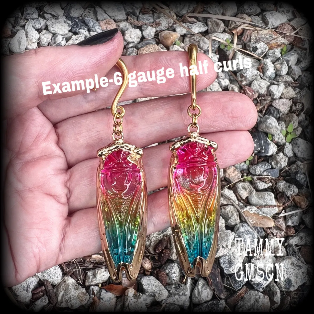 Rainbow quartz cicada gauged earrings-Insect ear weights