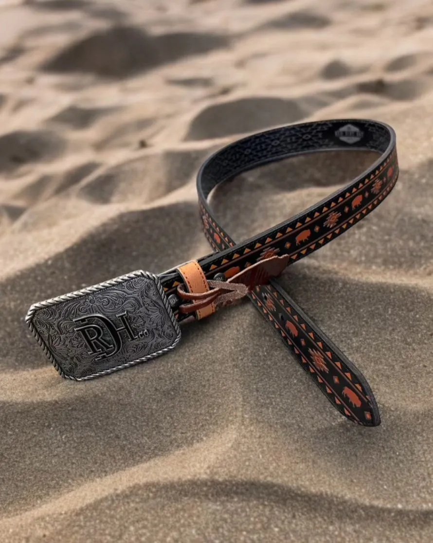 Red Dirt Hat Co. Men’s Genuine  Black w/Rust Bison and Brown Printed Design Leather Belt 24069BE5