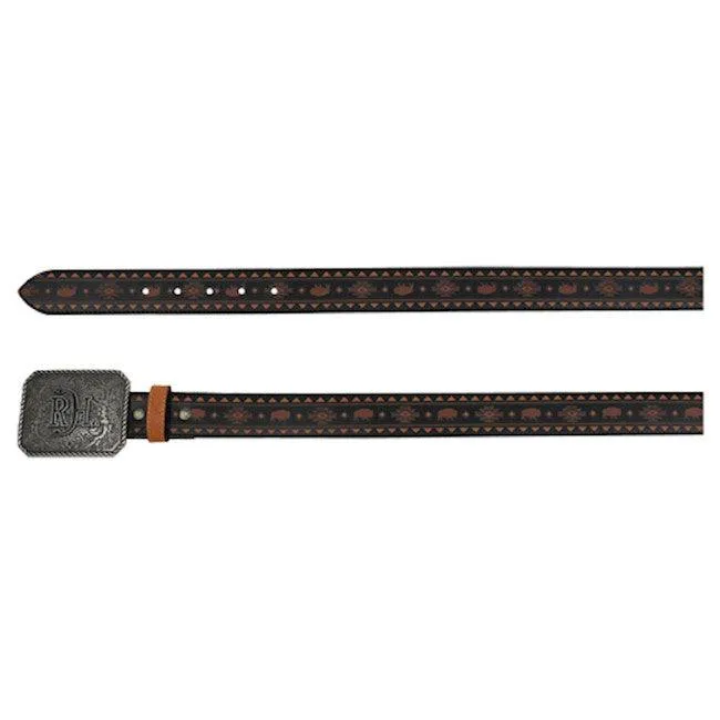 Red Dirt Hat Co. Men’s Genuine  Black w/Rust Bison and Brown Printed Design Leather Belt 24069BE5