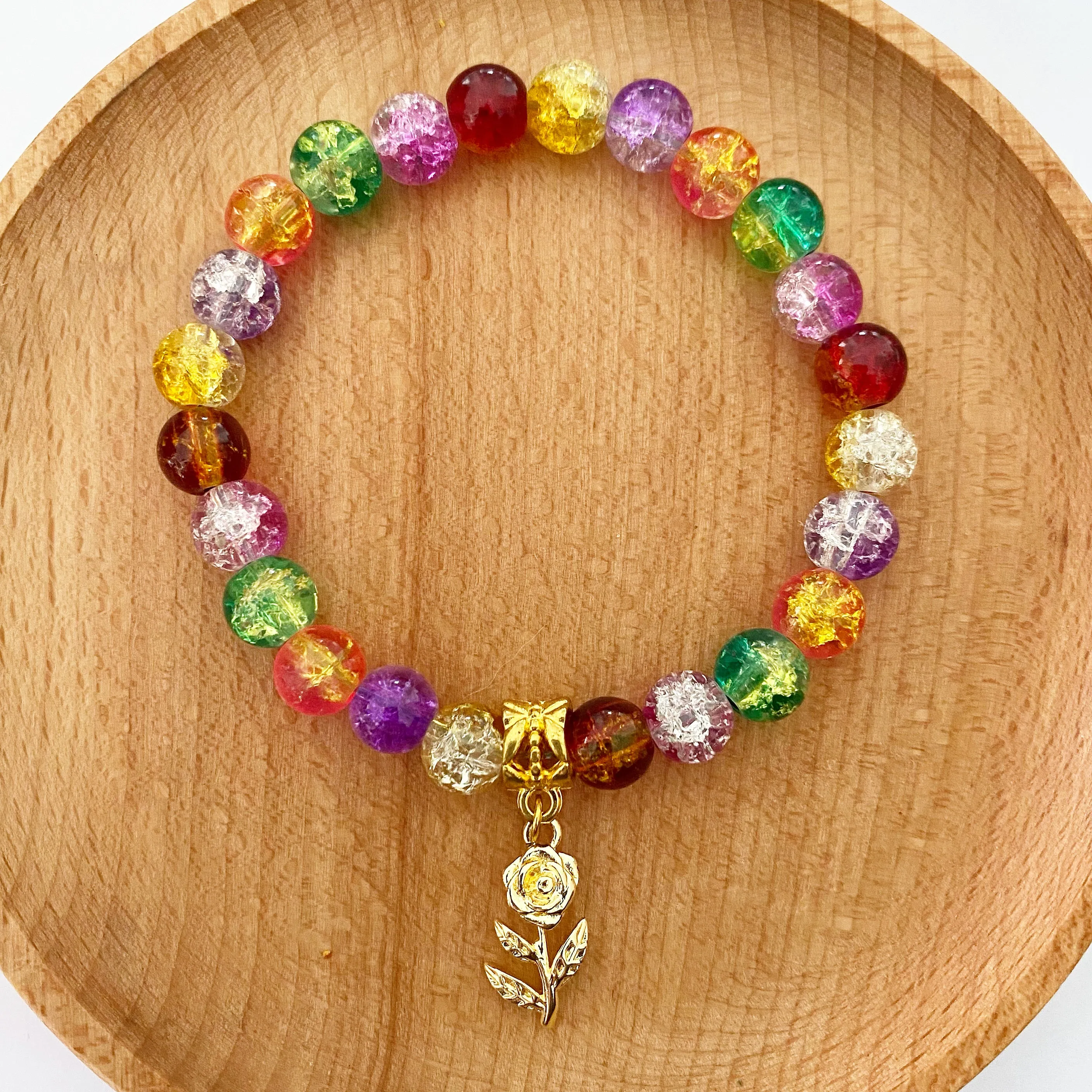 ROSE CRACKLE GLASS & PEARL CHARM STRETCH BRACELET