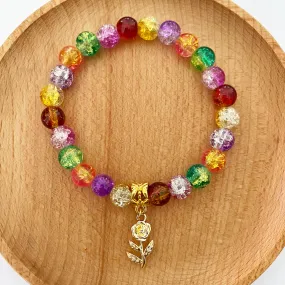 ROSE CRACKLE GLASS & PEARL CHARM STRETCH BRACELET