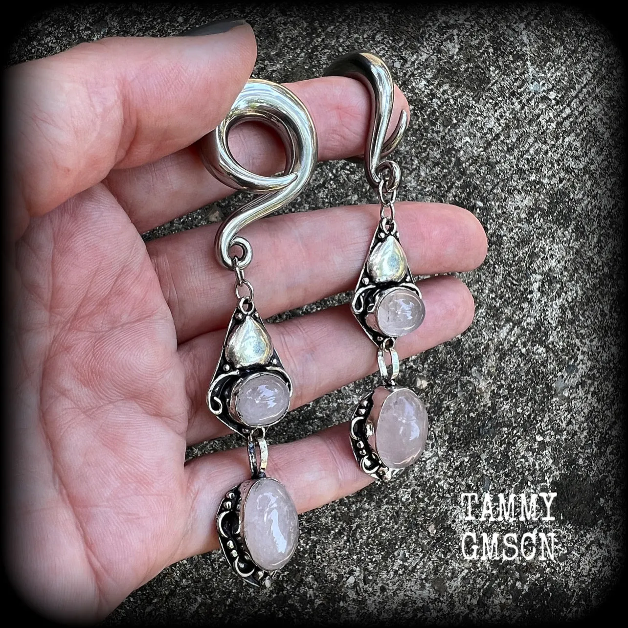 Rose quartz ear weights-Gemstone gauged earrings